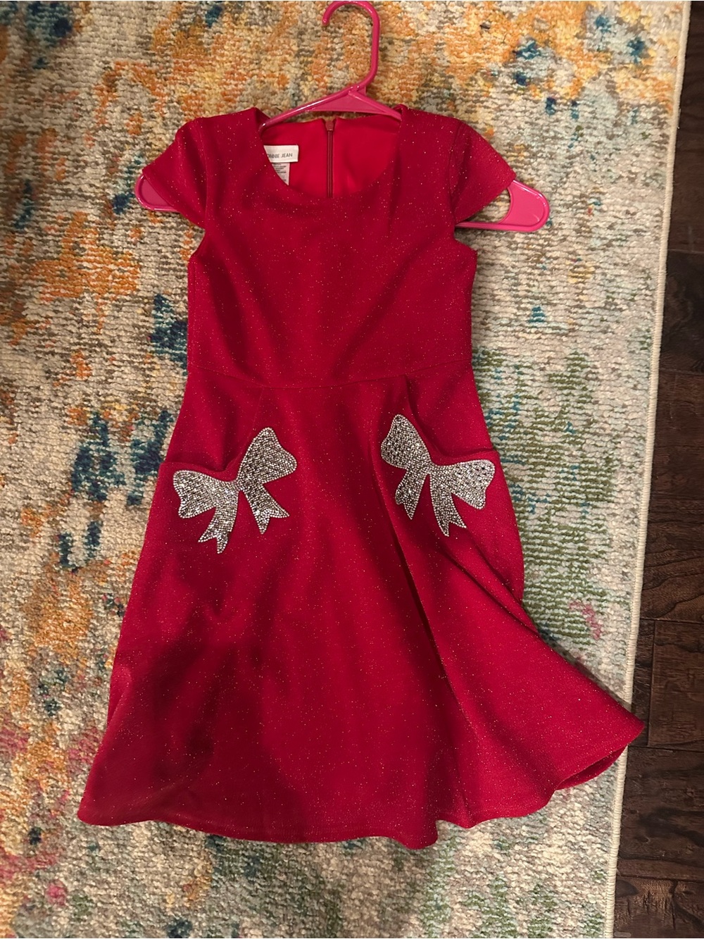 Bonnie Jean Red Glitter Fit-and-Flare Dress with Silver Bow Accents